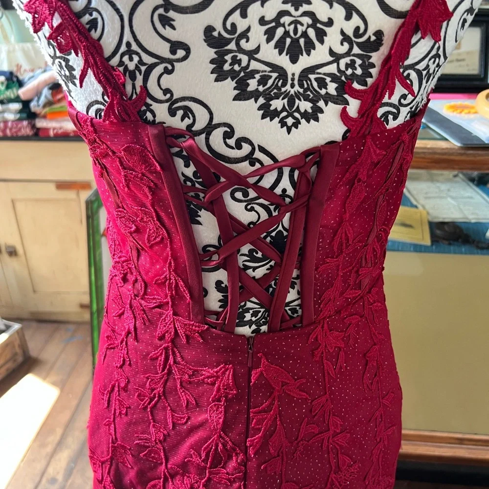 Pomuyoo Elegant Red Lace Mermaid Silhouette Evening Gown - Picture 5 of 10